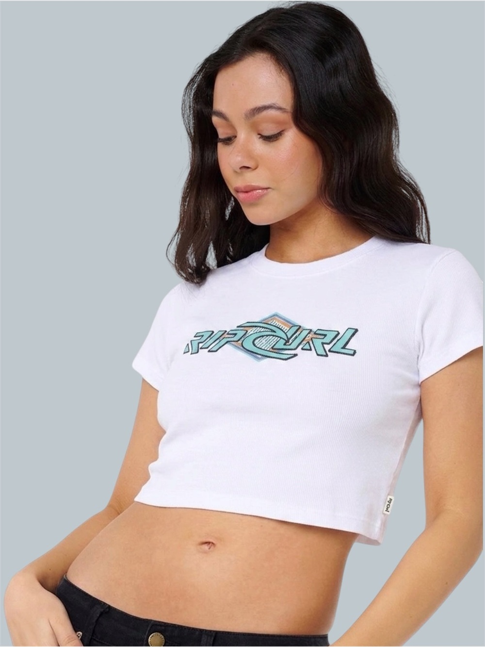 Rip Curl NWT White Graphic Ribbed Archive Baby Tee Logo Short Sleeve Crop Top S